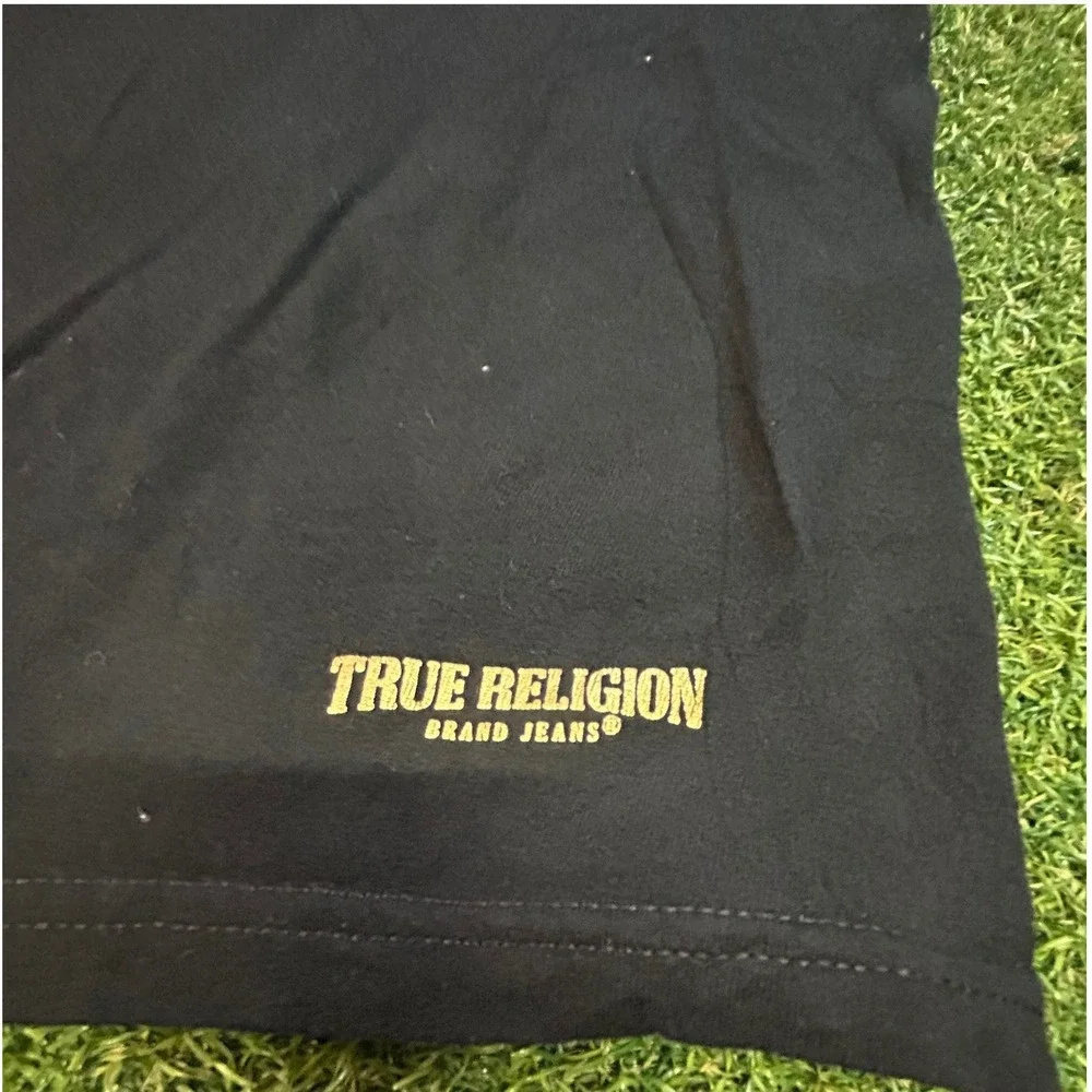 True Religion Mens V-Neck T-Shirt Black Gold Logo Cotton Short Sleeve XL